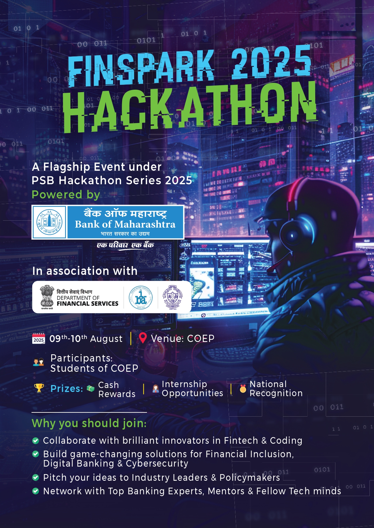 FINSPARK 2025 Hackathon Poster - August 9-10, 2025 at COEP Technological University. 36-hour innovation challenge in FinTech and Cybersecurity with cash rewards, internship opportunities, and national recognition. Powered by Bank of Maharashtra in association with Department of Financial Services and IBA.